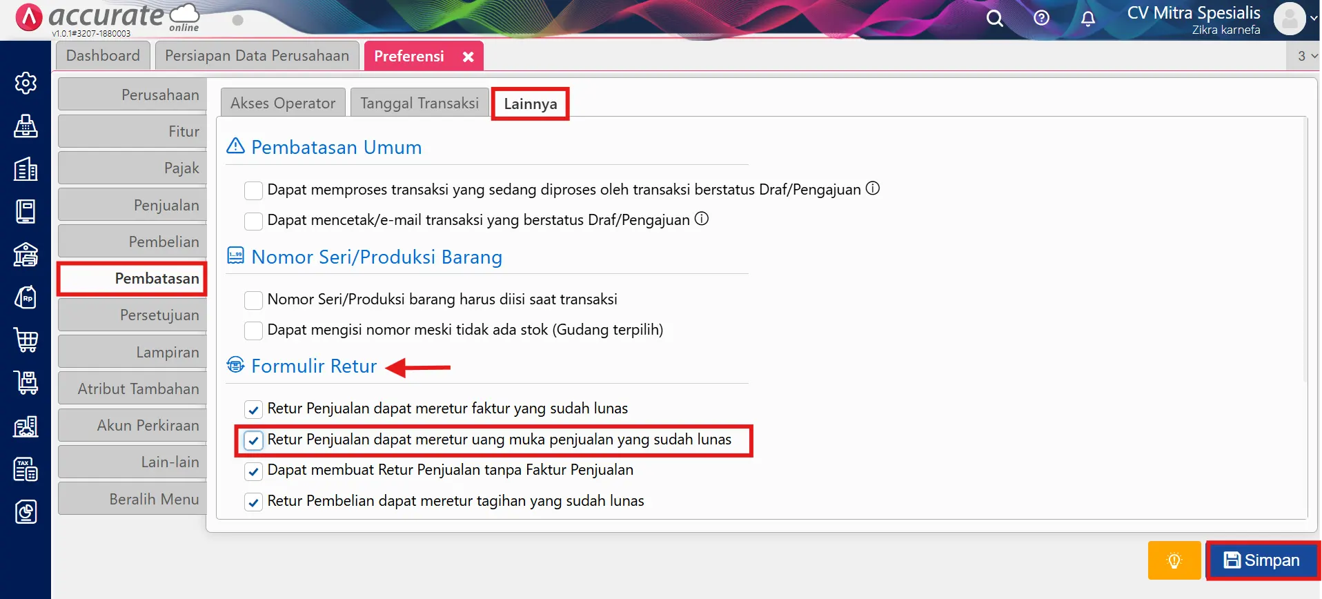 Cara retur penjualan uang muka yang lunas